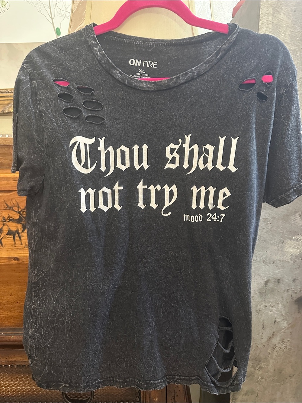 On Fire Black Distressed Graphic Tee with White Gothic Text